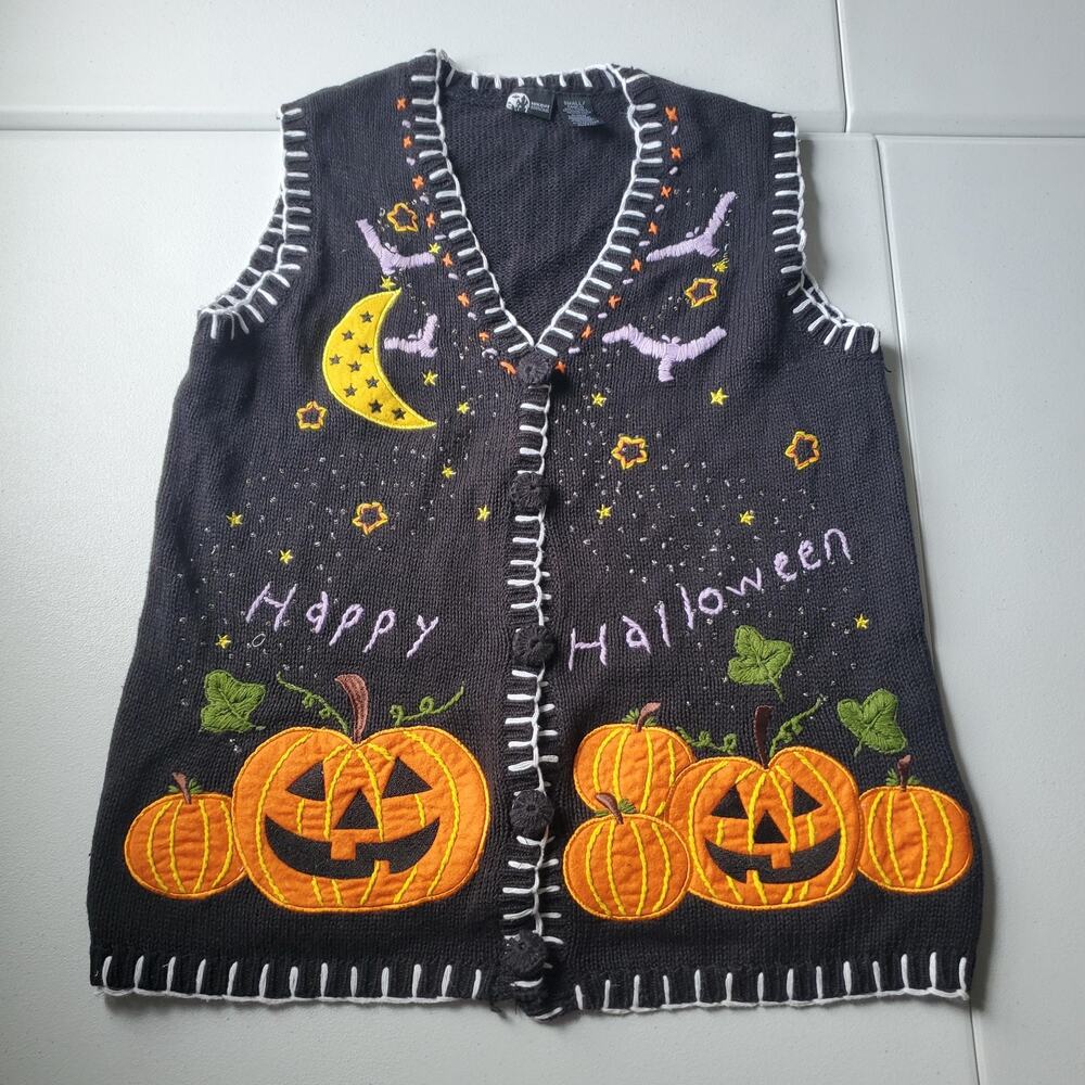 Vintage Spooky Sweater Vest Womens Small Black Halloween Pumpkin Embroidered